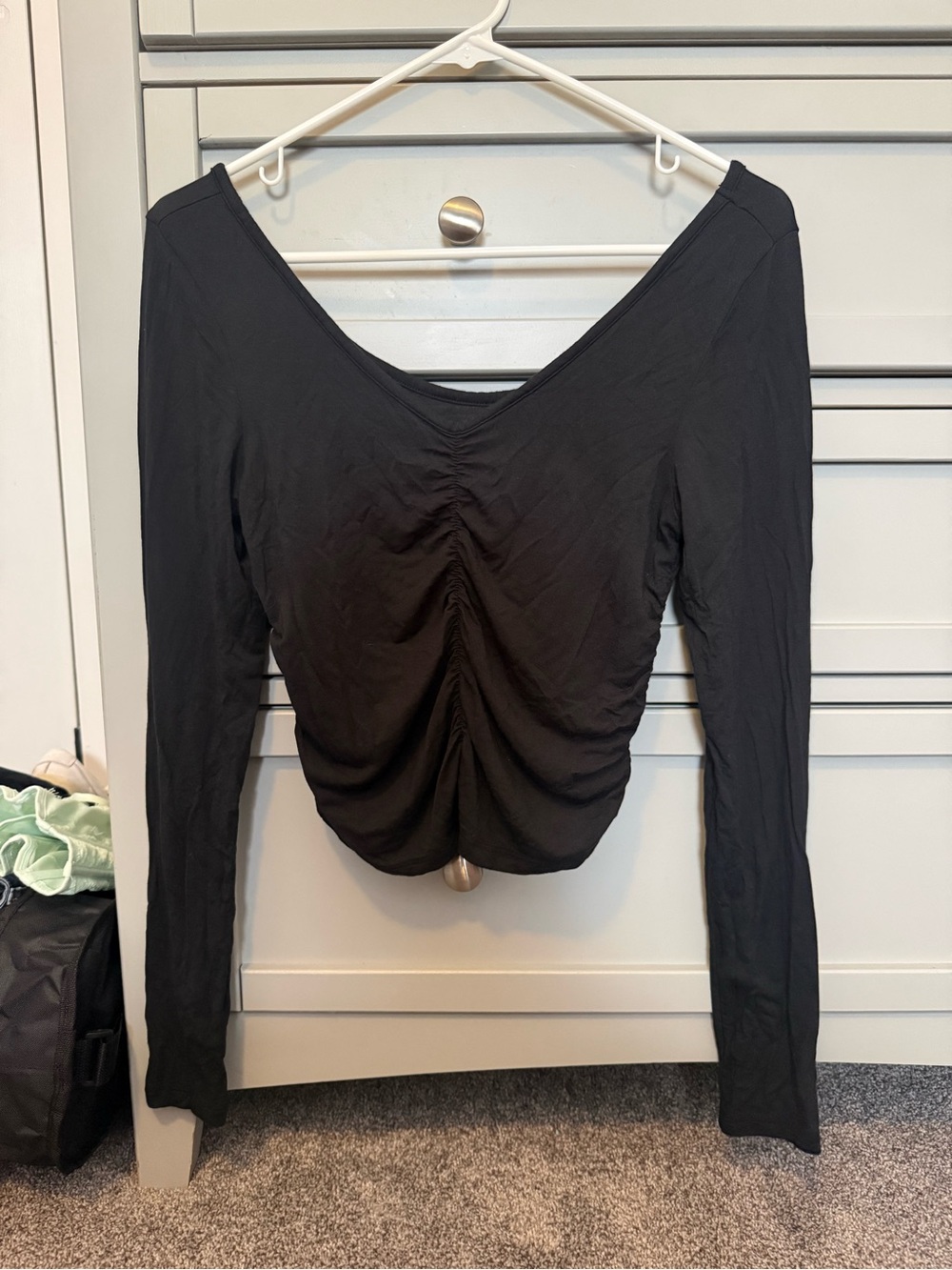 American Eagle Outfitters Black Ruched V-Neck Long Sleeve Top